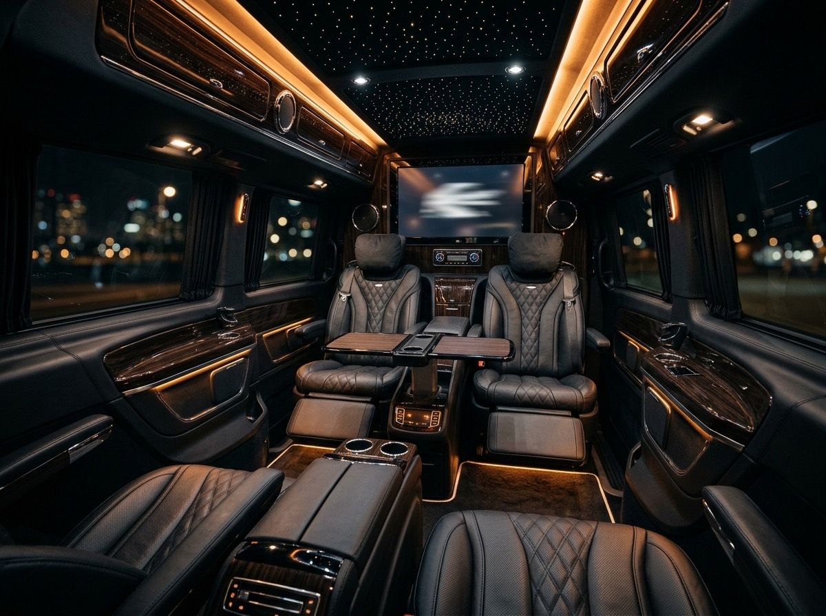 Luxury Mercedes Vito VIP interior with leather captain seats